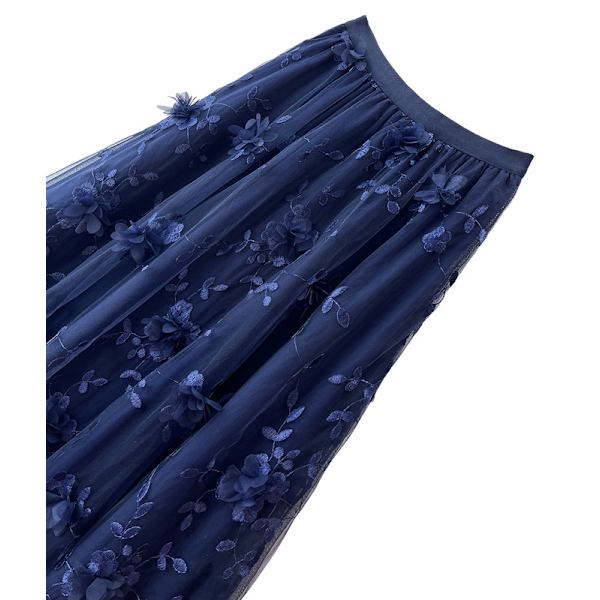 Naisten 3D-Mesh-kukkakirjailtu Tulle-midihame Navy Blue