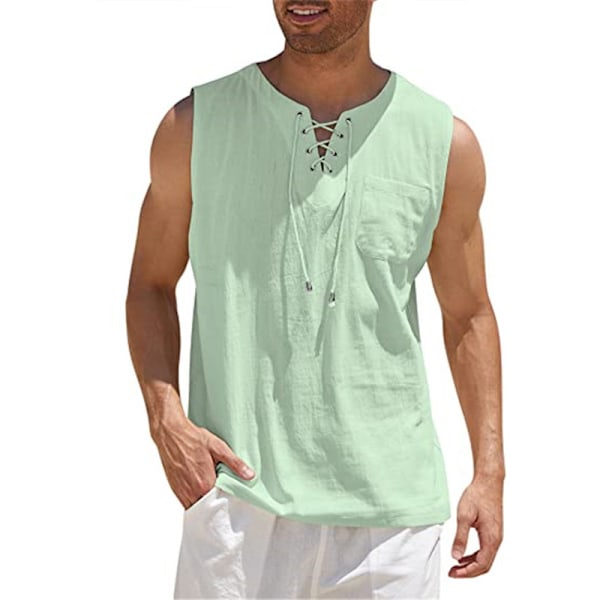 Herre Bomuld Linned Tank Top Skjorter Afslappet Ærmeløs Snøre Toppe green 4XL