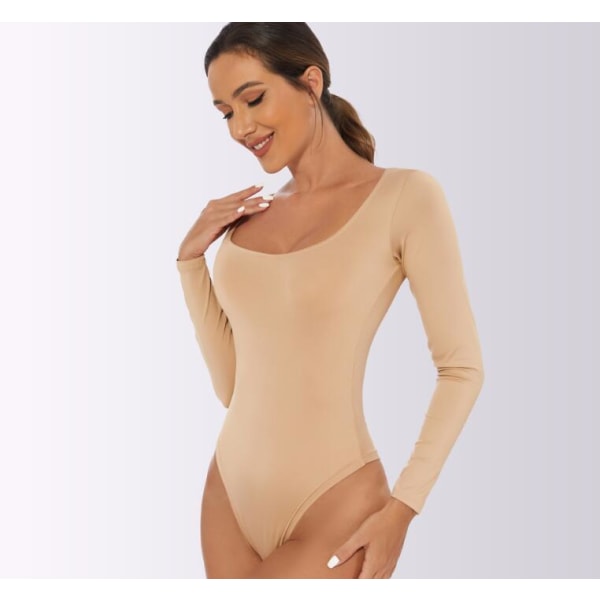 Slimmad långärmad jumpsuit för kvinnor med rund hals Almond S