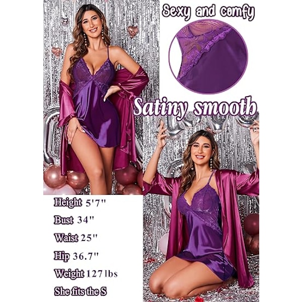 Damunderkläder i spets och satin med V-ringning för nattkläder Purple 2XL