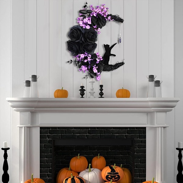 Halloween Halvmånekrans med Lys, Sort Måneblomst og Kattekrans Style 2