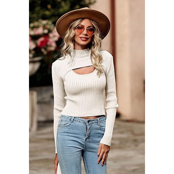 Dam 2-delad Utskuret Topp Långärmad Mock Neck Ribbstickad Vintertröja White M