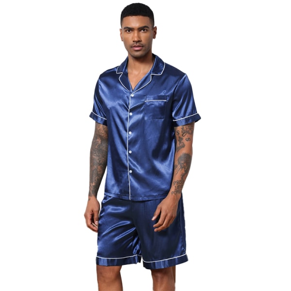 Men Satin Pyjamas Set 2 st Loungewear Button Down Pjs Set navy blue M