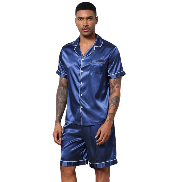 Men Satin Pyjamas Set 2 st Loungewear Button Down Pjs Set navy blue XL