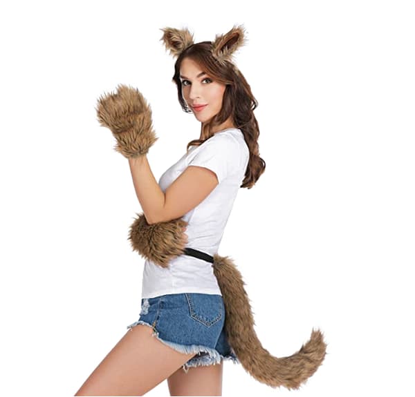 Wolf Fox Tail Clip öron och handskar Set Halloween kostym black white