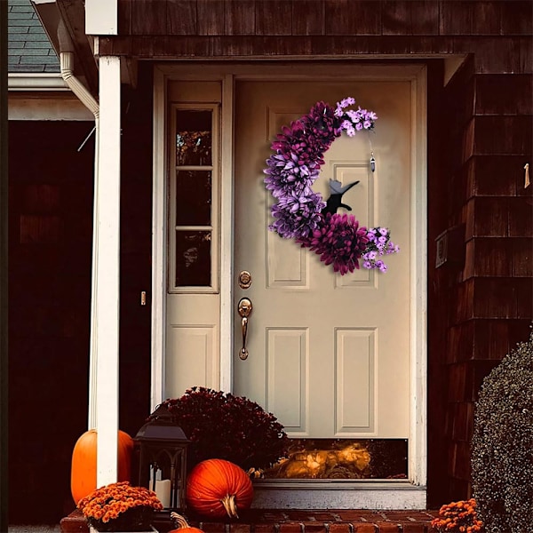 Halloween Halvmånekrans med Lys, Svart Måneblomst og Kattkrans Style 4