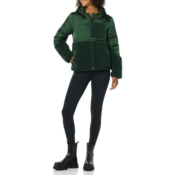 Vinterjakke for kvinner i sherpa-fleece med lappverk Dark Green L