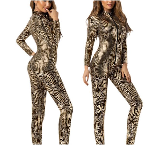 Sexig Python Skin Tight Jumpsuit för kvinnor gold M