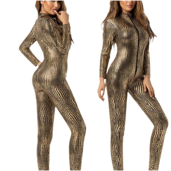 Sexig Python Skin Tight Jumpsuit för kvinnor gold XL