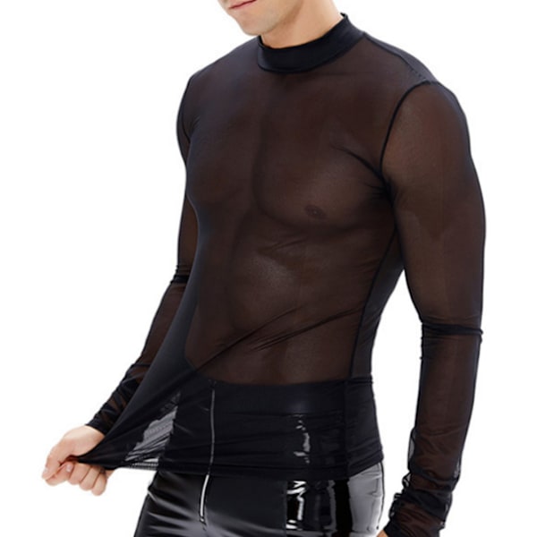 Mesh T-skjorte for menn, gjennomsiktig lounge, lange ermer, sexy, ren muskel-t-skjorte M