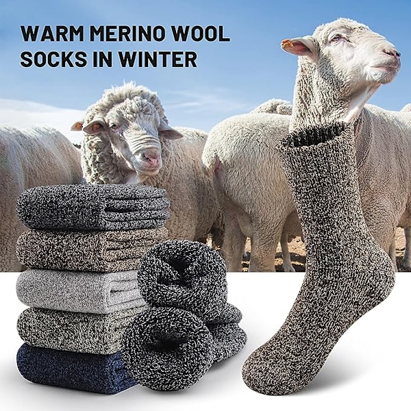 5 Par Woolsokker, Tykke Vinteråndbare Crew Sokker Set 2