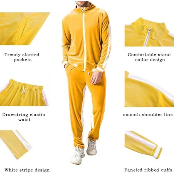 Männs 2-delad Helzippade Träningsoveraller i Sammet Sportdräkter yellow 3XL