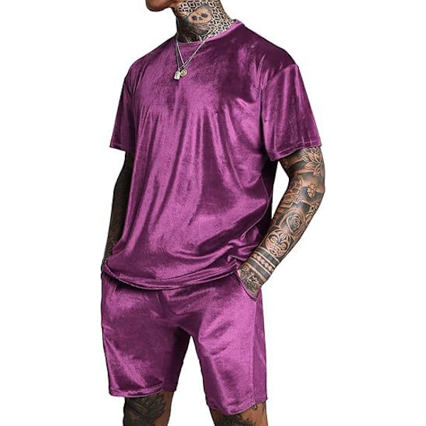 Män Velour Skjorta Pullover Shorts 2-Delad Outfit Spårkostym Purple M