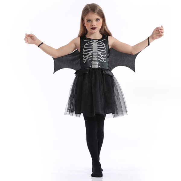 Bone Bat Witch Dress, Halloween Skjelett Trykk Jenter Mørk Cosplay Kostyme M