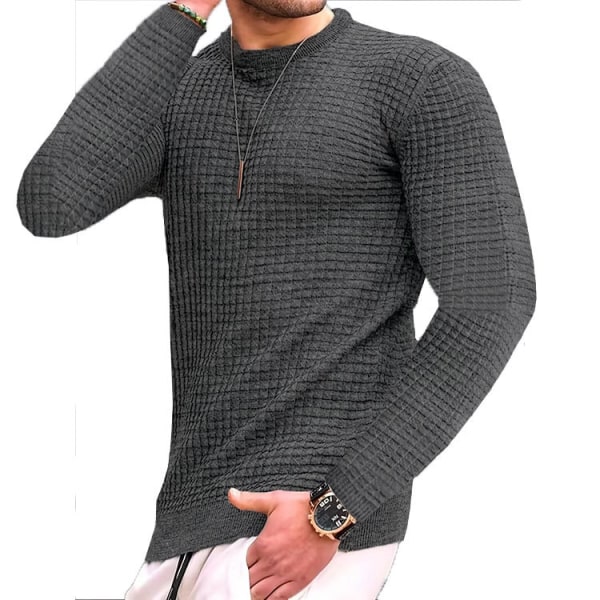 Hettegenser for menn i vafelmønster, rutete, langarmet, rund hals, ensfarget Grey S