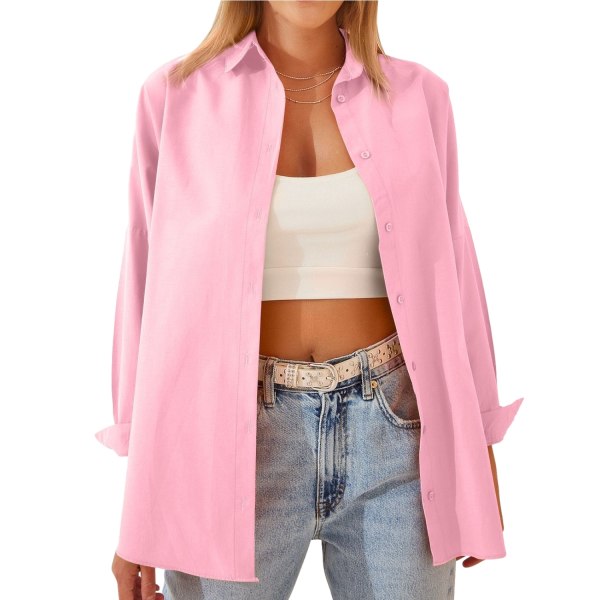 Enfärgad långärmad bomullsskjorta för kvinnor Pink L