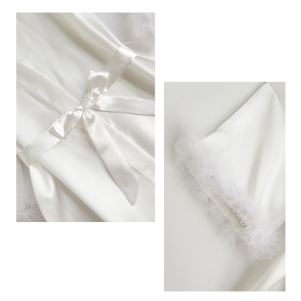 Langærmet Satin-Morgenkåbe med Fuzzy Trim og Bælte til Kvinder - Brudekjole til Bryllupsdag White