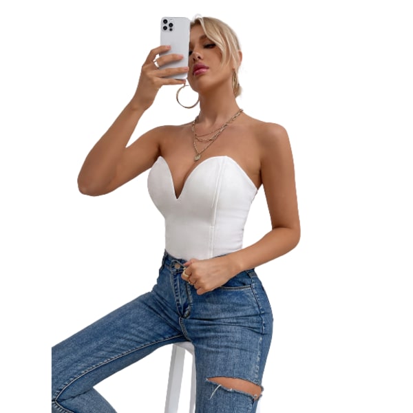 Naisten V-kaula Sexy Sametti Olkaimettomassa Bodysuit Jumpsuit Rakastava Syvä White S