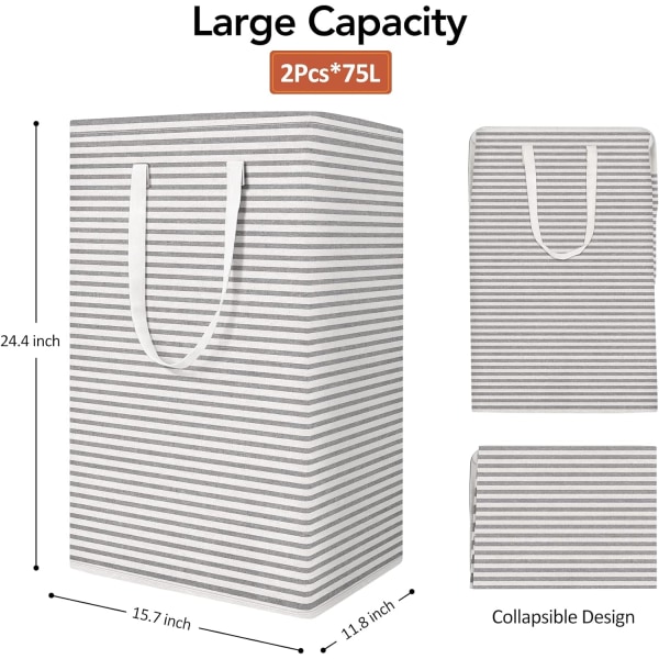 2-pakkisuuri pyykkikori, vedenpitävä, itsestään seisova pyykkikori Gray