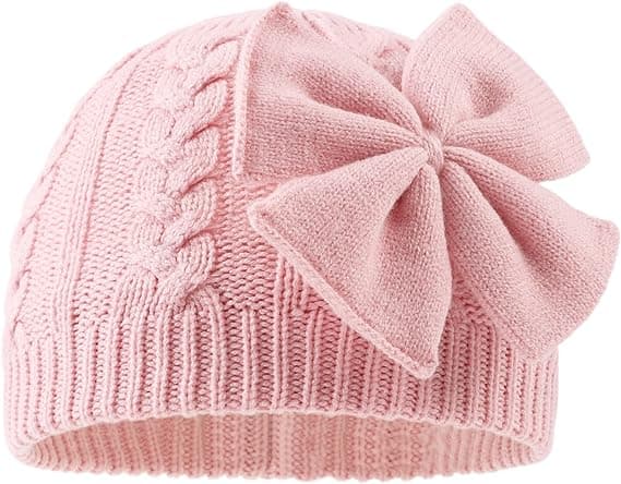 Varm stickad mössa med rosett för flickor, vinter Pink