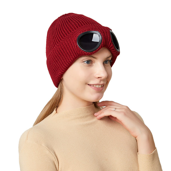 Unisex Goggle Stickad Mössa Vindtät Cap wine red
