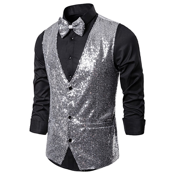 Mænds Skinnende Sequin Vest V-Hals Regular-Fit Festkjole Suit Waistcoat Butterfly 2 Dele Silver L