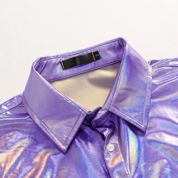 Metallic Disco Shiny Slim Fit Långärmad Button Down nattklubbskjortor för män Purple XL