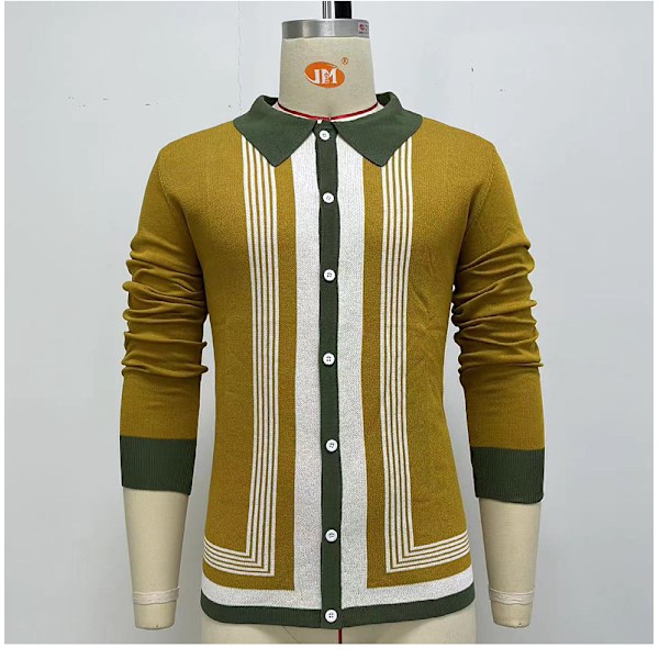 Herrar Casual Randig Långärmad Krage T-shirt Poloskjortor Yellow M