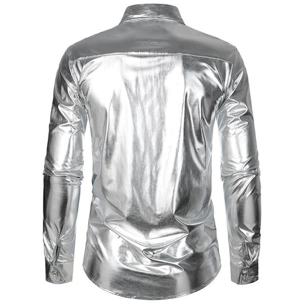 Miesten Luksus Kiiltävä Silkkimainen Satiini Napitettu Pukeutumispaita Silver XL