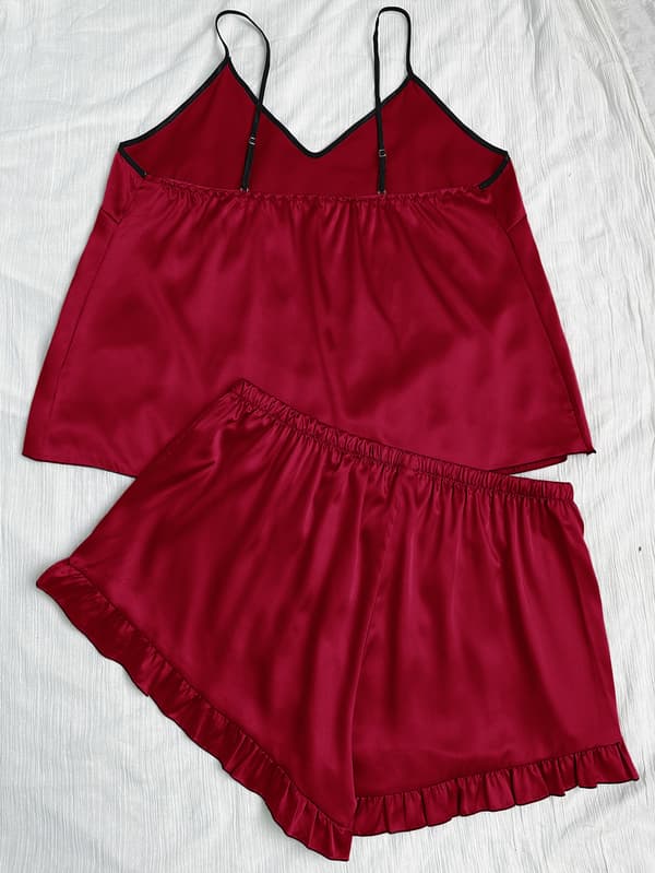 Sidenpyjamas för kvinnor Satin V-ringad pyjamas Camisole Shorts Set red XL