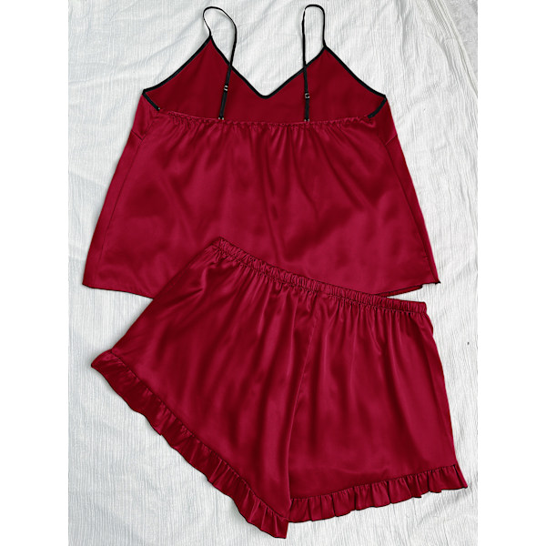 Silkkipyjamat naisille, satiiniset V-kaula-aukkoiset pyjamat, toppi- ja shortsisetti red 2XL