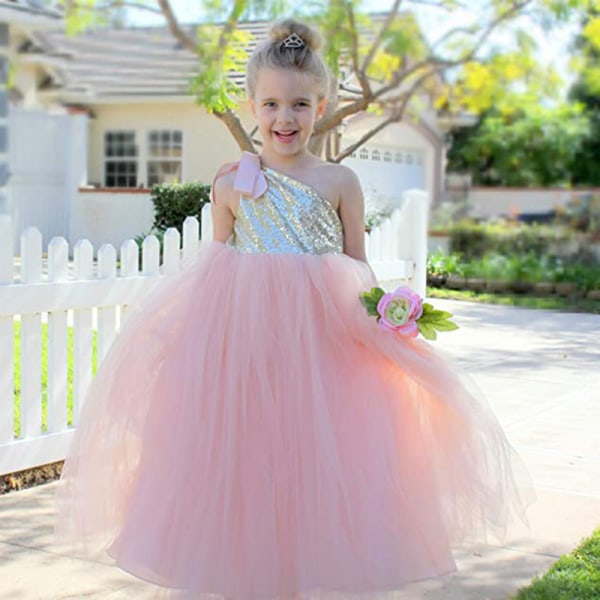 En-Skulder Sequin Tutu Blomsterpige Kjole Korset Kjole Pink 6T