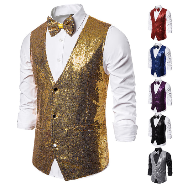 Herr paljettväst glänsande kostym väst V-ringad festklänning Gold 2XL