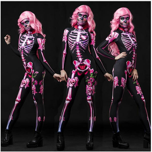 Kvinnor Bodycon Halloween 3D Skeleton Skull Bone Printed black pink L
