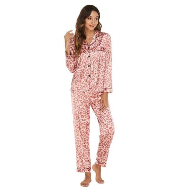 Print långärmade nattkläder Pjs Set för kvinnor Pink leopard print L
