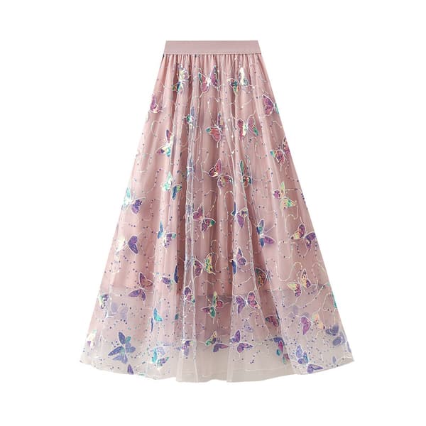 Dam 3D Fjäril Dubbla Lager Mesh Midi Kjol Pink
