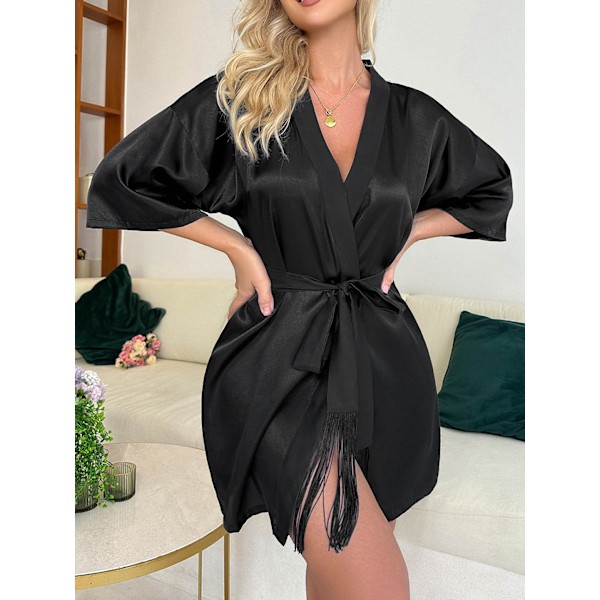 Satin Morgenkåbe til Kvinder Silke Kimono Badekåbe Black L