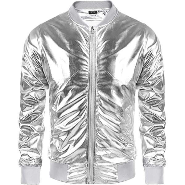 Menn's Metallic Jakke 70-talls Disco Julefest Varsity Jakke Silver L