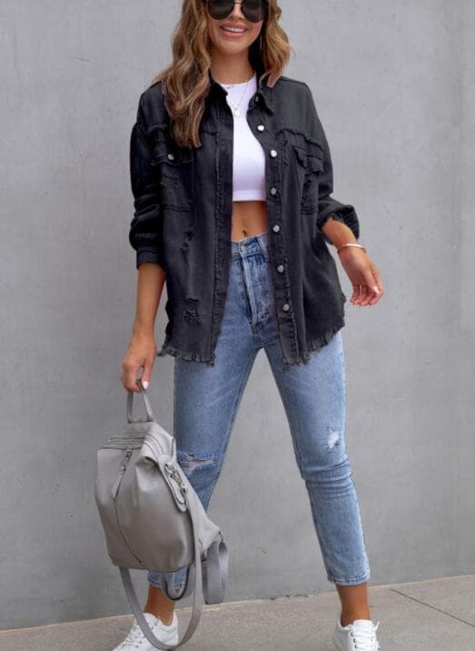 Mid-længde Hul Løstsiddende Denimjakke Kvinde Black 2XL