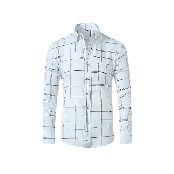 Mænds Plaid Skjorter med Knapper Langærmede Skjorter White M