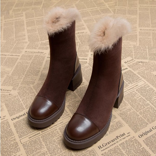 Chunky Sole damskor med Chelsea Boot Fur Boots Brown 39