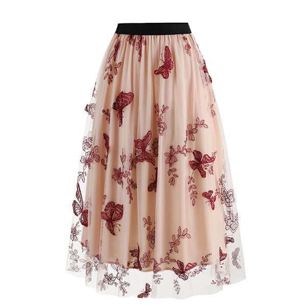 Naisten kukkakirjailtu hame vintage tyllihame Pink L