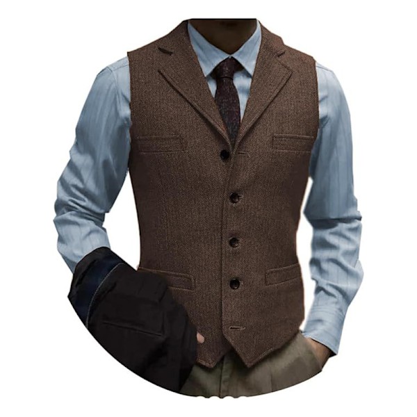 Miesten tweed-puku vintage-liivi kalanruoto villa juhlavest Coffee 2XL