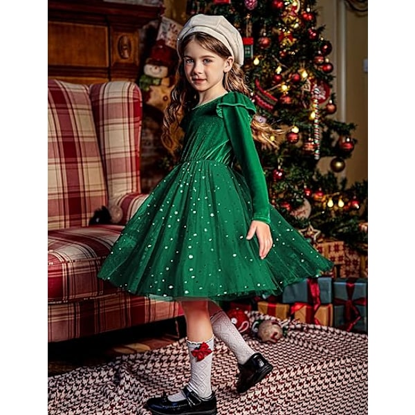 Tutu-klänning i sammet för små flickor, långärmad med volanger Green 140CM
