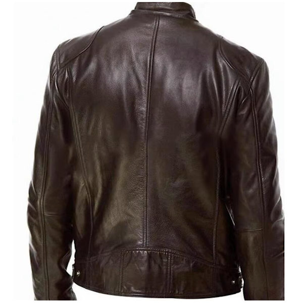 Mænds Slim Fit Stand Collar Læderjakke Brown M