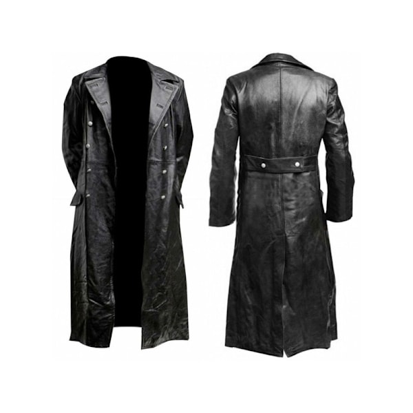 Mænds Læder Trenchcoat Fuld Længde Vintage Kunstlæderjakke Blue 4XL