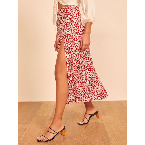 Sommarflödande midikjolar med slits för damer, ledig blommig kjol med hög midja red S