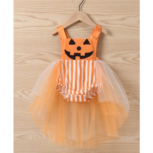 Halloween Pige Smiley Stripe Mesh Kjole Yellow 100CM