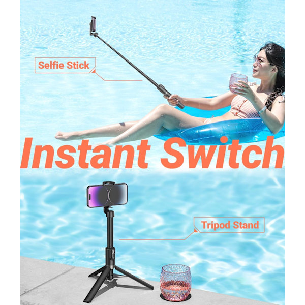 Selfie Stick Stativ for iPhone & Android, Trådløs Bluetooth Fjernkontroll Black