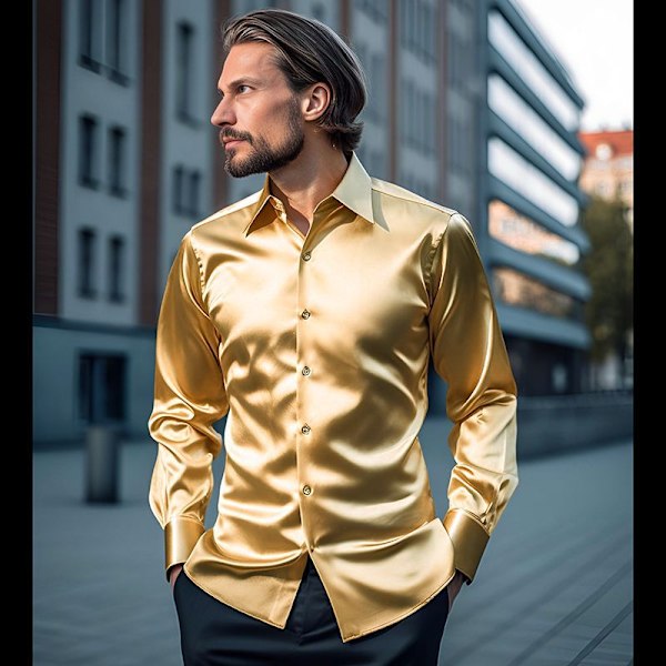 Herrar Silke Satin Långärmad Klänningsskjorta Blank Casual Knapp-Ner Skjorta Gold XL